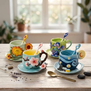 Può includere: Quattro tazze da tè in ceramica con piattini e cucchiaini abbinati, ognuna caratterizzata da distinti motivi floreali o artistici in 3D. Il set include una tazza girasole, una tazza ciliegio, una tazza iris e una tazza notte stellata.