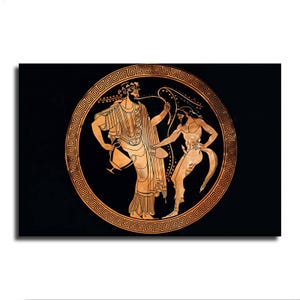 May include: A rectangular wall art print featuring a circular design with a black background and copper-colored line art. The illustration depicts a bearded figure in draped robes holding a cup, interacting with a smaller, bearded, tailed figure.