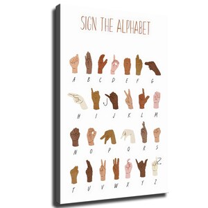 May include: A white rectangular wall art print titled SIGN THE ALPHABET in brown text. It displays the American Sign Language alphabet with illustrations of hands in various skin tones performing each letter from A to Z in black ink.
