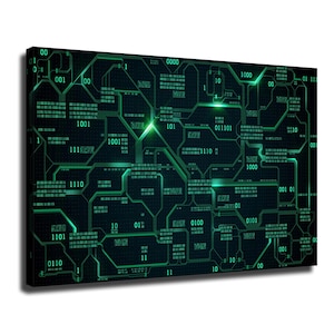 Peut inclure: Une toile murale rectangulaire présentant un fond sombre avec des motifs de circuits imprimés numériques vert brillant et des séquences de code binaire. Le design inclut des lignes interconnectées et diverses chaînes numériques comme 1001, 1110 et 0100, créant une esthétique visuelle axée sur les données et la haute technologie.