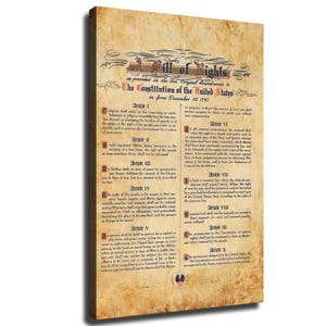 May include: A rectangular canvas print featuring the Bill of Rights and the Constitution of the United States in force December 15, 1791. The text is printed in black ink on a tan, aged parchment-style background with decorative flourishes.