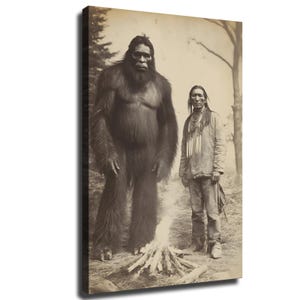 May include: A sepia-toned canvas print depicting a tall, hairy, ape-like creature standing next to a person with long dark hair wearing a fringed jacket and layered necklaces. A small campfire burns on the ground between the two figures.