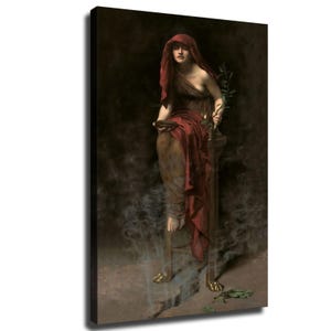 May include: A canvas print depicting a figure draped in a deep red cloth, seated on a tall stool with clawed feet. The figure holds a small bowl and a green leafy branch, while wisps of gray smoke rise from the base against a dark background.