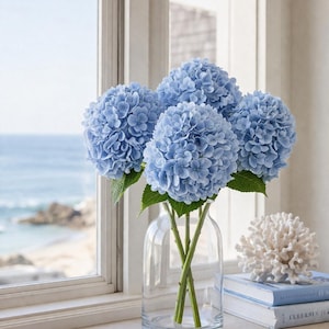 Blue Hydrangea Stems (Set of 4) – Real Touch- Floral Arrangement Set- Artificial Flowers- Hydrangea Flower Bouquet- Bridesmaid Bouquet