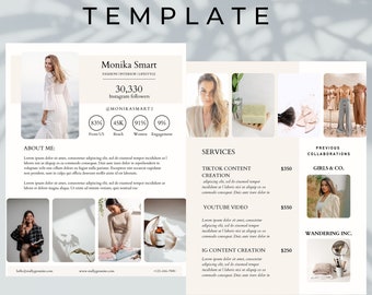 May include: A media kit template for a fashion and interior lifestyle influencer. The template includes a profile section with the influencer's name, Instagram handle, follower count, and engagement statistics. It also includes a services section with pricing for TikTok content creation, YouTube video creation, and Instagram content creation. The template is designed to be fully editable.