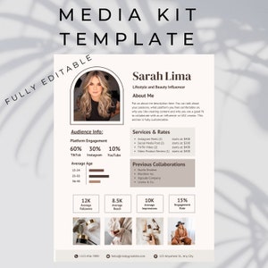 Puede incluir: Una plantilla de kit de medios para una influencer de estilo de vida y belleza llamada Sarah Lima. La plantilla incluye información sobre su audiencia, el compromiso de la plataforma, la edad promedio, la cantidad promedio de seguidores, el alcance promedio, las impresiones promedio, la tasa de compromiso, los servicios y las tarifas, y las colaboraciones anteriores. La plantilla es totalmente editable.