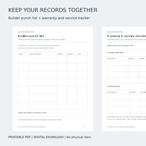 May include: A two-page printable document titled KEEP YOUR RECORDS TOGETHER. The left page is a Builder punch list with columns for item, description, and status. The right page is a Warranty & service records tracker with sections for coverage information and service logs.