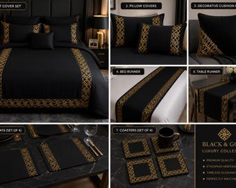 Luxury Ethiopian Pattern Table Runner | Black & Gold Dining Table Decor | Modern Home Gift