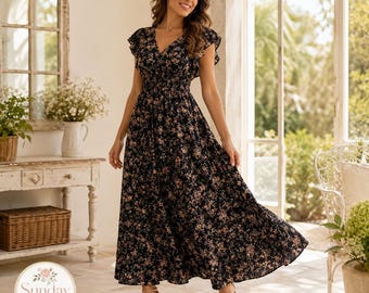 Abito lungo floreale con vita arricciata e maniche a volant, abbigliamento femminile, outfit estivo