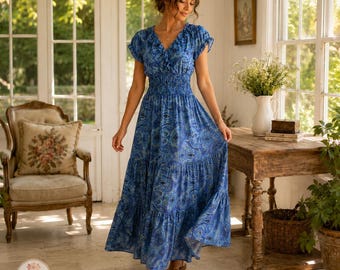 Abito lungo Paisley con volant sul collo - Abito estivo boho, abbigliamento donna, festa in giardino