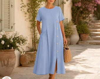 Vestido midi con aspecto de lino - Vestido de verano con botones delanteros, ropa de mujer, conjunto de verano