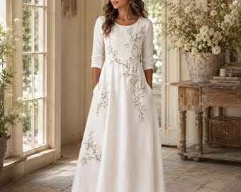 Floral Embroidered Dress 3/4 Sleeve - Maxi Gown, Cottagecore Clothing, Spring Outfit