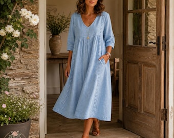 Linen Look Dress with Pockets - Boho Midi Outfit, Cottagecore Clothing, Summer