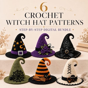 Puede incluir: Un paquete digital de 6 patrones de ganchillo para sombreros de bruja con el texto 6 CROCHET WITCH HAT PATTERNS STEP-BY-STEP DIGITAL BUNDLE. La imagen muestra seis sombreros distintos en negro, morado, verde, naranja y crema con adornos.