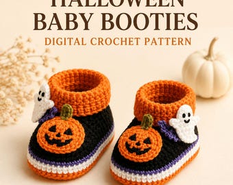 May include: A pair of black and orange crocheted baby booties featuring a jack-o'-lantern and a white ghost appliqué on each. The text HALLOWEEN BABY BOOTIES DIGITAL CROCHET PATTERN is displayed above the booties, which have a white stripe.