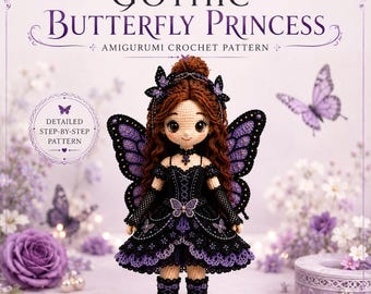 Patrón de ganchillo de princesa mariposa gótica en PDF, patrón de muñeca hada amigurumi, tutorial de ganchillo de muñeca gótica, descarga digital de muñeca de fantasía