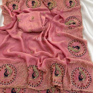 Space Satin Saree with All Over Thread and Sequins Work, Glamorous Designer Indian Saree, Festive Ethnic Wear for Women