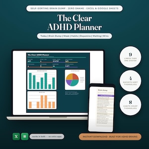 May include: A digital planner titled The Clear ADHD Planner displayed on a laptop and smartphone screen. The interface features data charts, a pie chart, and a brain dump list. Text includes 9 linked tabs, 4 buckets sort themselves, and 8 habits count themselves.