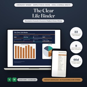 以下が含まれることがあります： ExcelおよびGoogleスプレッドシート用のデジタル緊急バインダーテンプレート「The Clear Life Binder」。ノートパソコンとスマートフォンの画面には、進捗バー、棒グラフ、円グラフ、ドキュメントマップを備えたダッシュボードが表示されています。