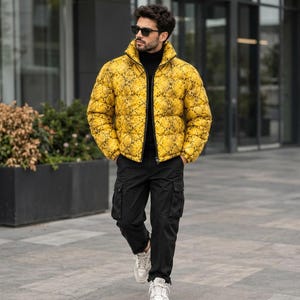 Custom Yellow Python Embossed Leather Puffer Jacket, Quilted Winter Coat (Pet Snake Pattern)