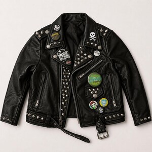 Giacca da motociclista in pelle borchiata fatta a mano, cappotto punk rock gotico con toppa a teschio