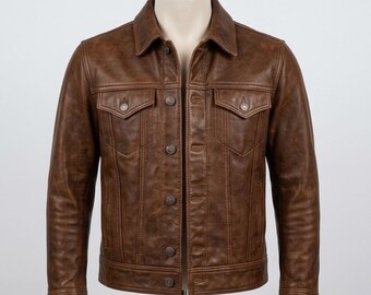 Men's Brown Distressed Leather Trucker Jacket, Western Style, Button Front, Slim Fit