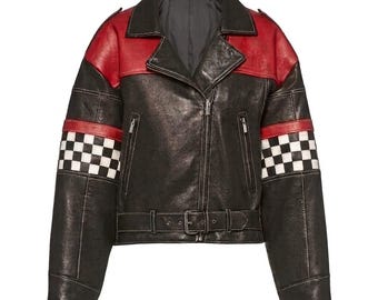Women's Genuine Leather Racing Jacket, Red Shoulder Panels, Checkered Sleeves, Cropped Moto Style