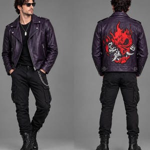 Men's Genuine Cowhide Leather Biker Jacket, Skull Flame Graphic, Punk Rock Style