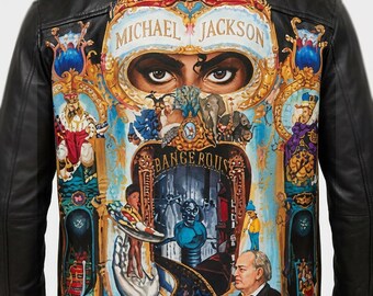 手作りの黒革バイカージャケット、マイケル・ジャクソンのポップアートバック、コンサートウェアラブルアート