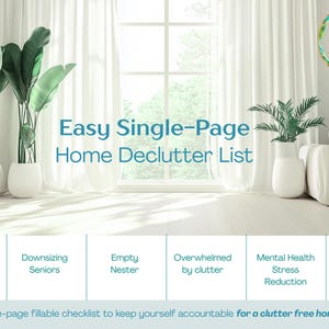 Könnte beinhalten: Eine digitale Grafik mit dem Titel Easy Single-Page Home Declutter List und einem Dare to Dream Logo. Sie enthält eine Checkliste für Aggressive Moves or Relocation, Downsizing Seniors, Empty Nester, Overwhelmed by clutter, Mental Health Stress Reduction und Estate Execution. Der Text lautet: A one-page fillable checklist to keep yourself accountable for a clutter free home.