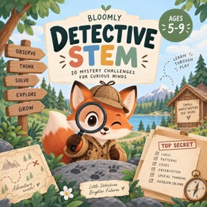 Puede incluir: Una portada de libro titulada Bloomly Detective STEM 20 Mystery Challenges for Curious Minds con un zorro de dibujos animados que lleva un sombrero de detective y sostiene una lupa. La escena incluye un poste de madera, un mapa y una lista Top Secret.