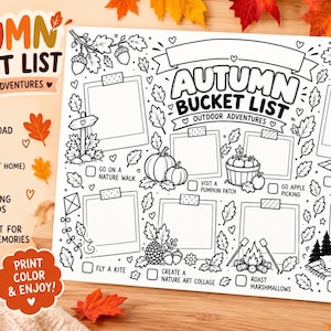 Puede incluir: Una hoja de actividades imprimible en blanco y negro titulada Autumn Bucket List con ilustraciones de hojas, bellotas, calabazas, una cesta de picnic, una fogata y una noche estrellada, con seis marcos de fotos vacíos y casillas de verificación.