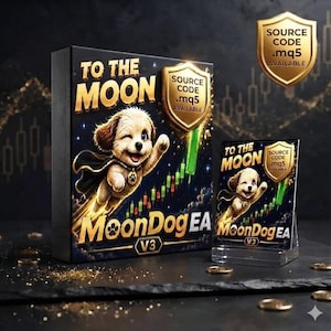 May include: A black rectangular box and a smaller matching display card featuring a cartoon puppy wearing a cape, with the text TO THE MOON, MoonDog EA V3, and a gold shield emblem that reads SOURCE CODE .mq5 AVAILABLE against a stock chart background.