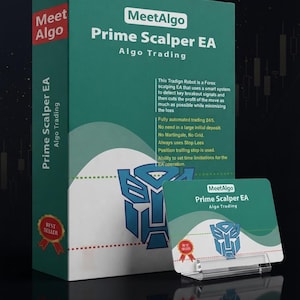 Könnte beinhalten: Eine blaugrüne Schachtel und eine passende rechteckige Karte mit der Aufschrift MeetAlgo Prime Scalper EA Algo Trading. Die Verpackung zeigt ein blaues Roboter-Emblem, ein rotes Best Seller-Siegel und Text über automatisierten Forex-Handel.