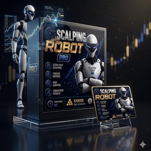 May include: A black rectangular display featuring the text Scalping Robot Pro, accompanied by a white robotic figure. The display lists features including ultra fast scalping, precise entries, risk control, and consistent results, with XAUUSD gold icons.