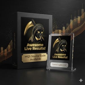 May include: A black rectangular box and a clear acrylic stand displaying the text Awesome Live Results! and ForexCopilot EA. The design features a gold grim reaper graphic with glowing eyes and a scythe. A gold plaque on the box reads MQ5 Source Code Available.