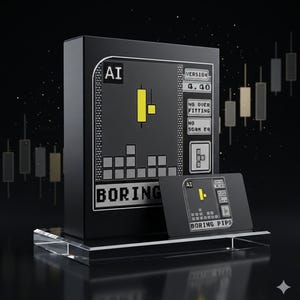May include: A black rectangular box and a matching card featuring a pixelated interface with the text AI, VERSION 4.40, NO OVER FITTING, NO SCAM EA, and BORING PIPS. The design includes a yellow candlestick chart graphic and block shapes.