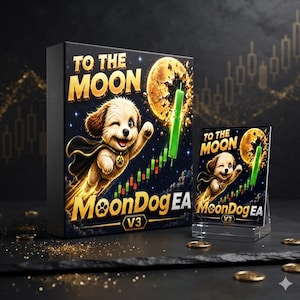 May include: A black rectangular box and a smaller matching display card featuring a cartoon puppy wearing a cape, flying toward a golden moon. The text reads TO THE MOON, MoonDog EA, and V3, accompanied by a green and red stock market candle chart.