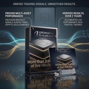 May include: A black box and a matching display card labeled Ultimate Breakout System, featuring the text More than 2 years of live results. The background includes text about trading signals, performance, and data, with abstract light lines.