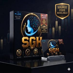 May include: A black box and a matching card featuring the SGH logo, a blue profile silhouette, and text including LIVE REAL-TIME TRADING, MAJOR UPDATE, NEW UPDATES COMING, SOURCE CODE .mq5 AVAILABLE, NO GRID, NO MARTINDALE, and PROP FIRMS OK.