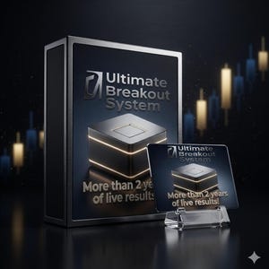 May include: A rectangular box and a smaller matching card on a clear stand, both featuring the text Ultimate Breakout System and More than 2 years of live results. The design includes a metallic cube graphic against a dark background.