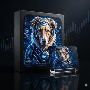 May include: A black rectangular box and a matching small card on a clear stand, both featuring a digital illustration of a dog wearing futuristic armour. The text reads LOGAN EA, MT5 READY, and LOYAL, FOCUSED, UNBREAKABLE in blue and white.