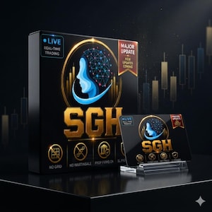 Könnte beinhalten: Eine schwarze rechteckige Box und eine passende kleinere Karte auf einem Ständer, beide mit goldenem SGH-Logo, einer blauen menschlichen Kopfsilhouette mit Netzwerkmuster und Text wie LIVE REAL-TIME TRADING, MAJOR UPDATE, NO GRID, NO MARTINGALE und PROP FIRMS OK.