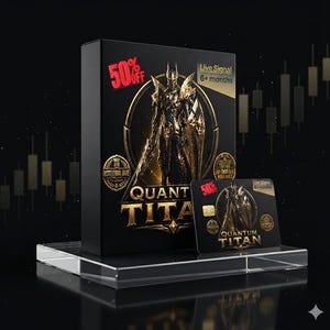May include: A black rectangular box and a matching black card featuring the text Quantum Titan. Both items display a gold-coloured armoured figure within a circular frame, along with the text 50% OFF and Live Signal 6+ months on a dark background.