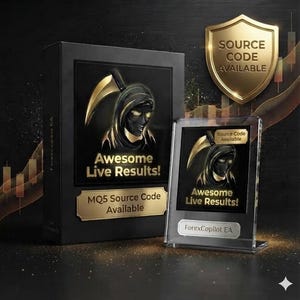 May include: A black rectangular box and a clear acrylic stand featuring a gold grim reaper graphic. The text reads Awesome Live Results, MQ5 Source Code Available, and ForexCopilot EA. A gold shield emblem at the top states Source Code Available.