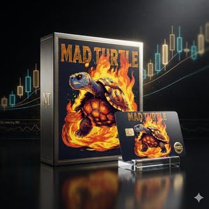 May include: A rectangular box and a matching payment card, both featuring a graphic of a turtle surrounded by orange and yellow flames. The text MAD TURTLE is printed in gold on both items. The background displays a glowing financial stock chart.