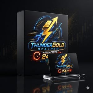 Pode incluir: Uma caixa retangular preta e um cartão preto correspondente num suporte transparente, ambos com um gráfico de relâmpago dourado, detalhes circulares azuis e o texto THUNDERGOLD SCALPER LAUNCH PROMO 24 HRS com um ícone de relógio.