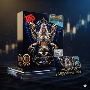 Könnte beinhalten: Eine schwarze rechteckige Softwarebox und eine passende Karte mit einer weißhaarigen Figur mit blauen Flügeln auf einem Thron. Der Text enthält Quantum Queen, 30% off, Live Signal 29+ months und Includes Full MQ5 Source Code mit zwei goldenen Siegeln.