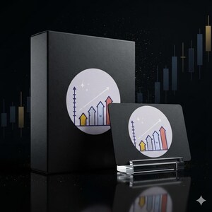 May include: A black rectangular box and a matching black card displayed on a clear acrylic stand. Both items feature a circular white emblem containing a graphic of four upward-pointing arrows in yellow, blue, and red, with a diagonal trend line.