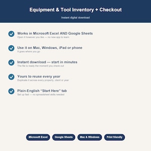 以下が含まれることがあります： Equipment & Tool Inventory + Checkoutというタイトルのデジタルドキュメント。Microsoft ExcelおよびGoogle Sheetsとの互換性、クロスプラットフォームでの使用、即時ダウンロード、再利用性、Start Hereタブなどの機能リストが記載されています。